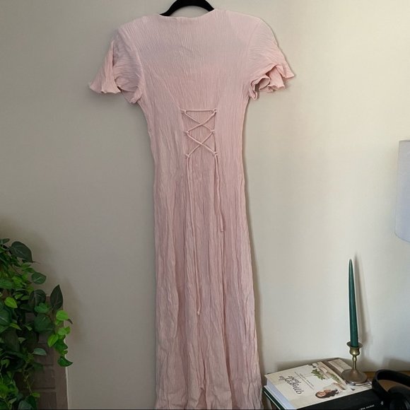 Vintage button down pink romantic flutter sleeve midi dress size 4 - Picture 9 of 11